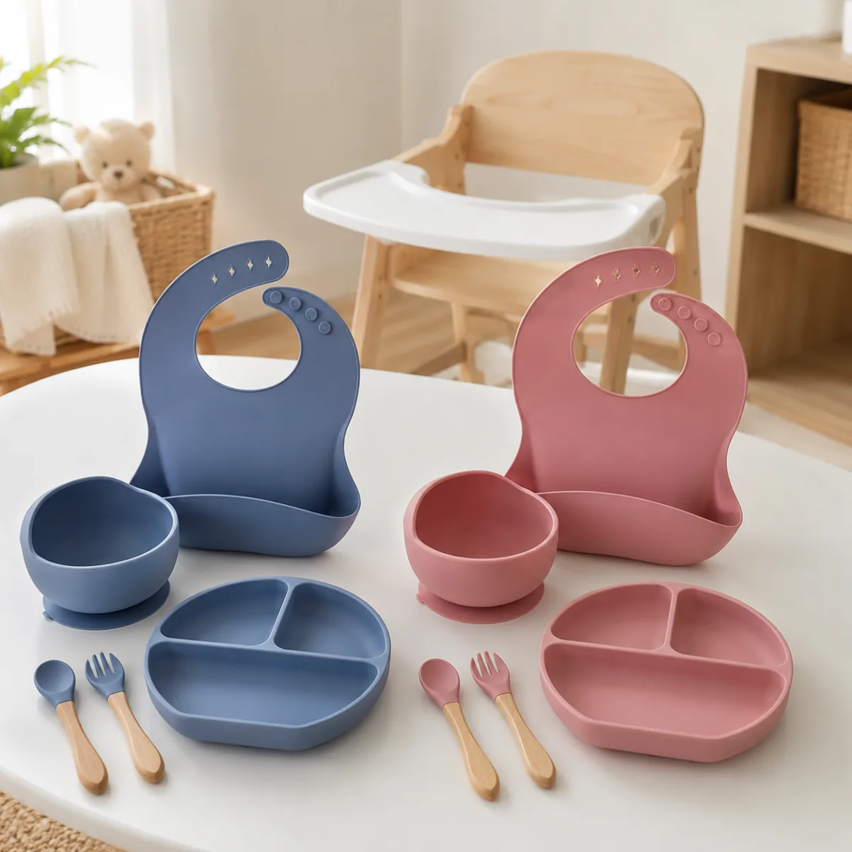 5-Piece Silicone Baby Feeding Set with Suction Plate, Bowl & Bib