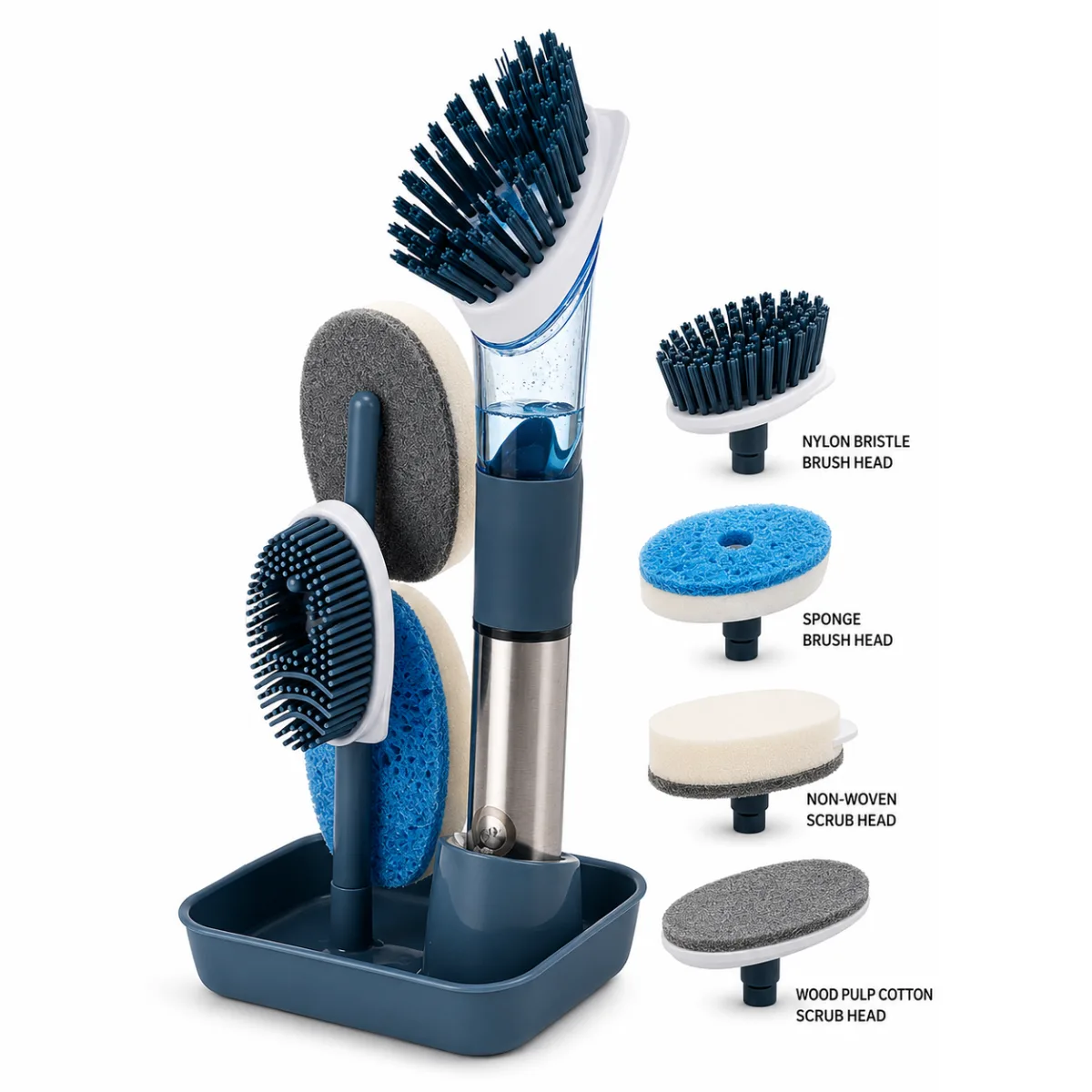 Soap Dispensing Kitchen Cleaning Brush Set with 4 Interchangeable Heads Storage Caddy
