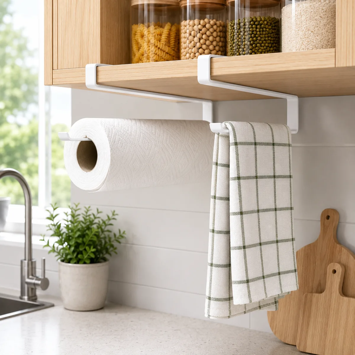 Over Cabinet Paper Towel Holder & Towel Rack – No-Drill Steel Kitchen Organizer