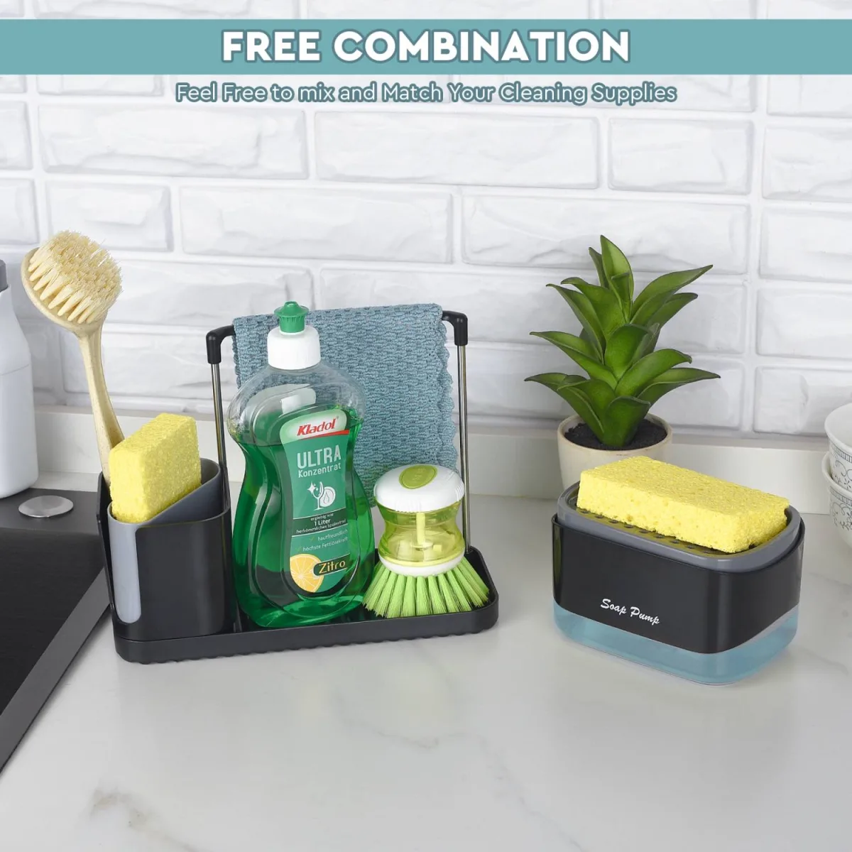 Wekends Kitchen Soap Dispenser Set with Sponge Holder & Organizer Tray