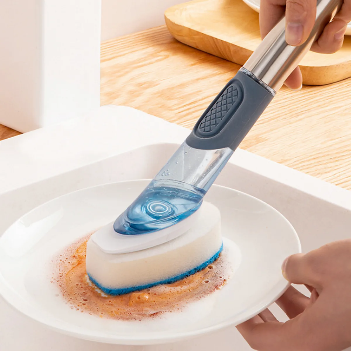 Soap Dispensing Kitchen Cleaning Brush Set with 4 Replaceable Heads