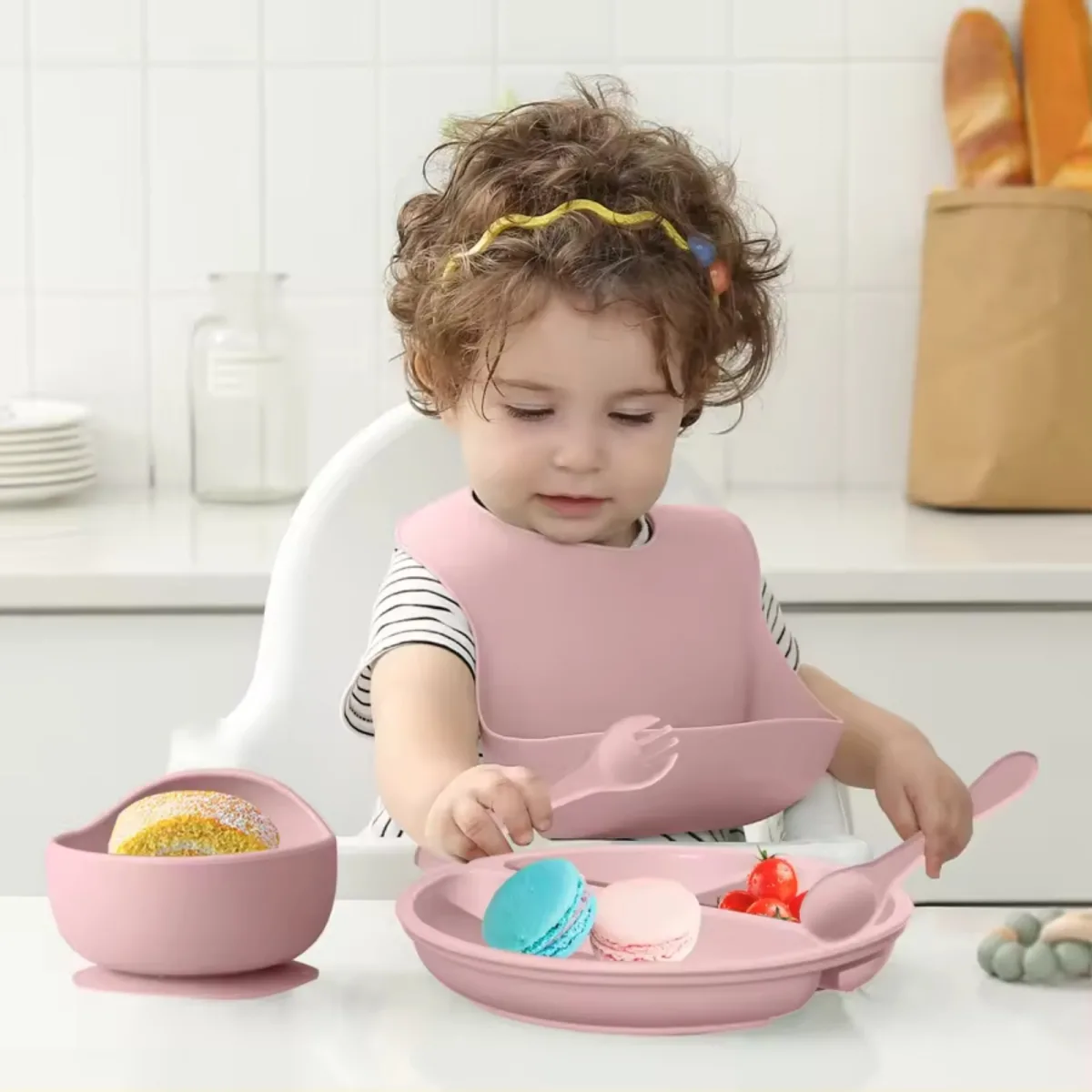 5-Piece Silicone Baby Feeding Set with Suction Plate, Bowl & Bib
