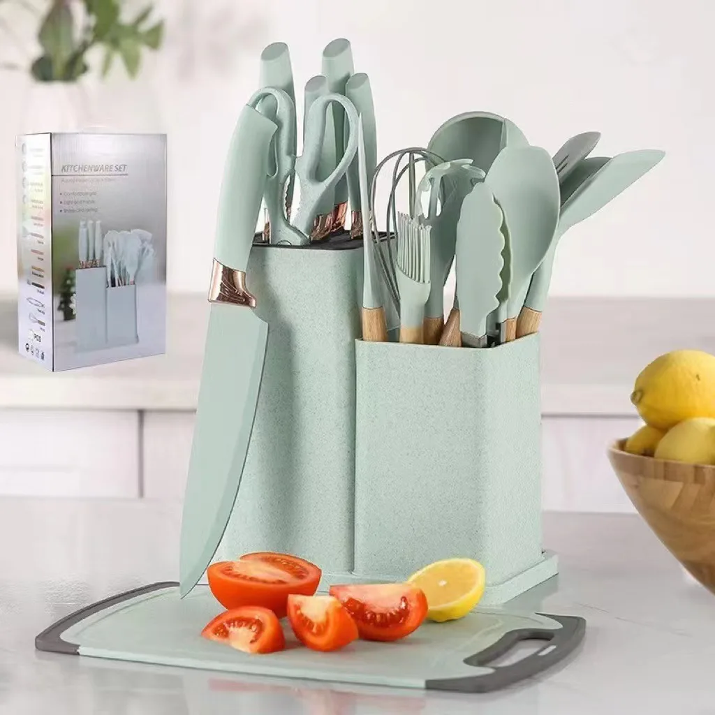 19-Piece Kitchen Knife Silicone Utensil Set with Dual Holder