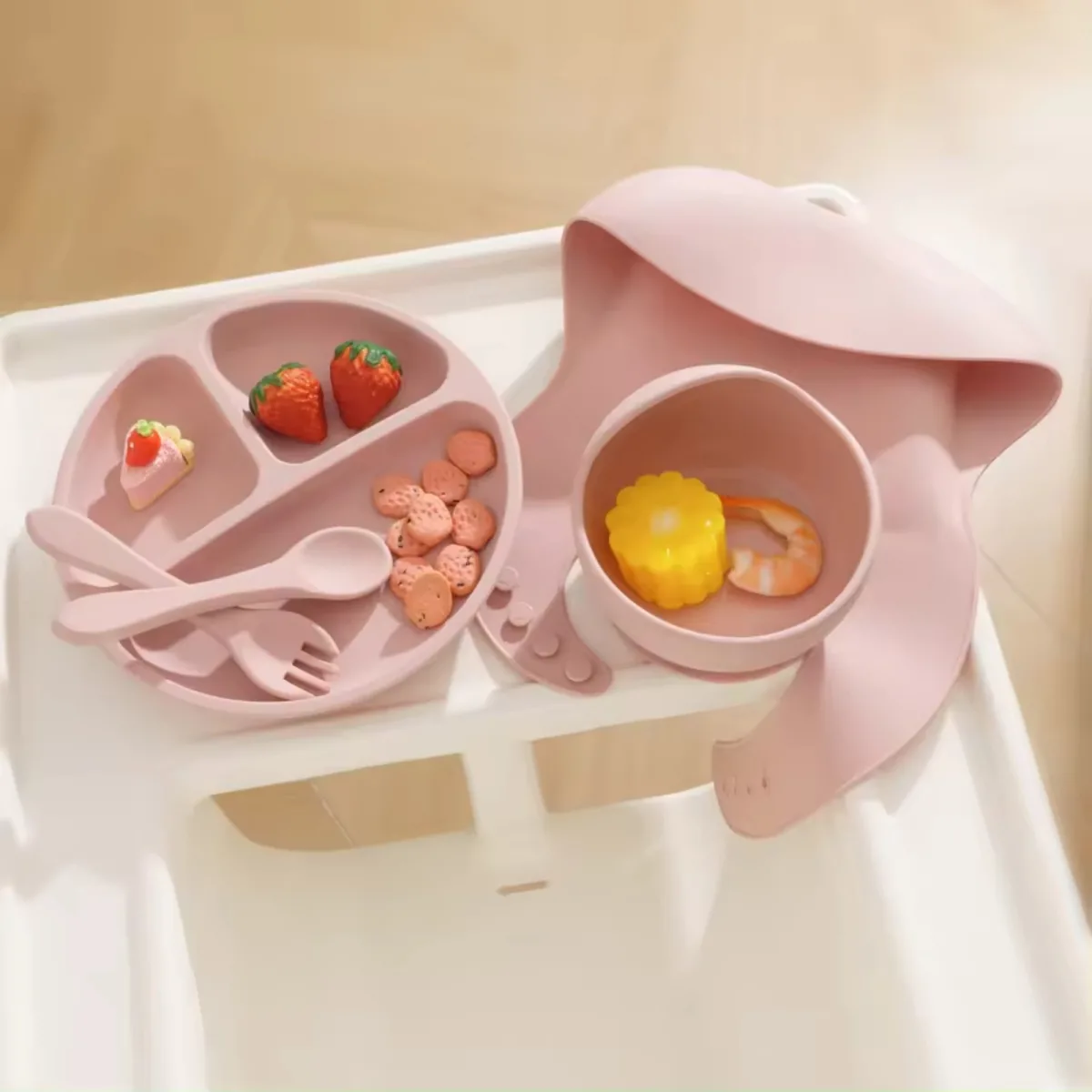 5-Piece Silicone Baby Feeding Set with Suction Plate, Bowl & Bib