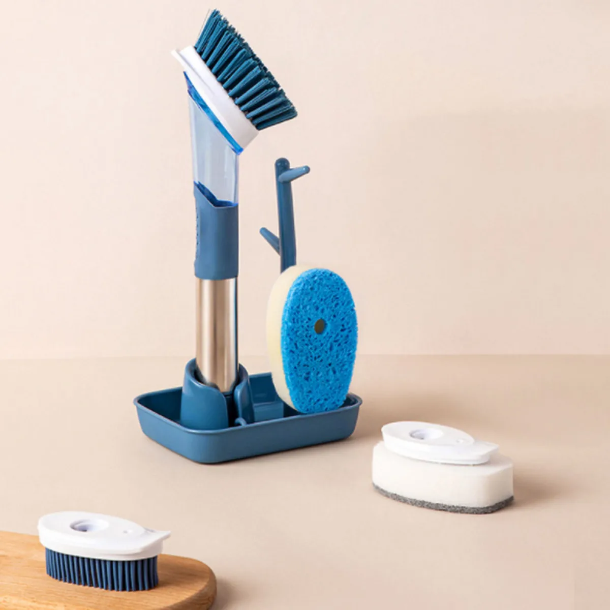 Soap Dispensing Kitchen Cleaning Brush Set with 4 Replaceable Heads