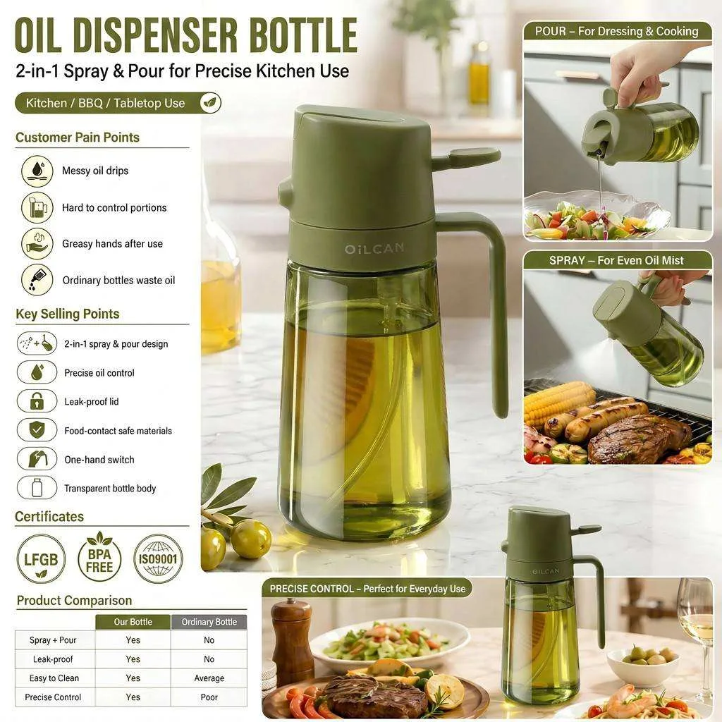 2-in-1 Glass Oil Sprayer & Pourer Bottle – 470ml