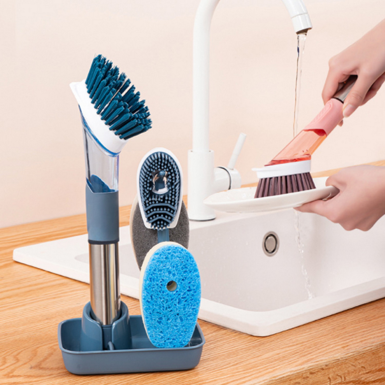 Ultimate Kitchen Cleaning Set: Soap-Dispensing Dish Brush Kit with 4 Bonus Heads and Stylish Storage Caddy