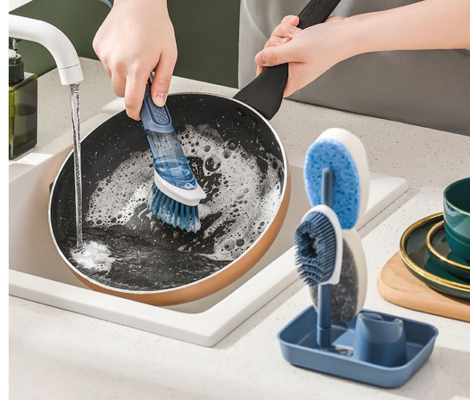 Ultimate Kitchen Cleaning Set: Soap-Dispensing Dish Brush Kit with 4 Bonus Heads and Stylish Storage Caddy