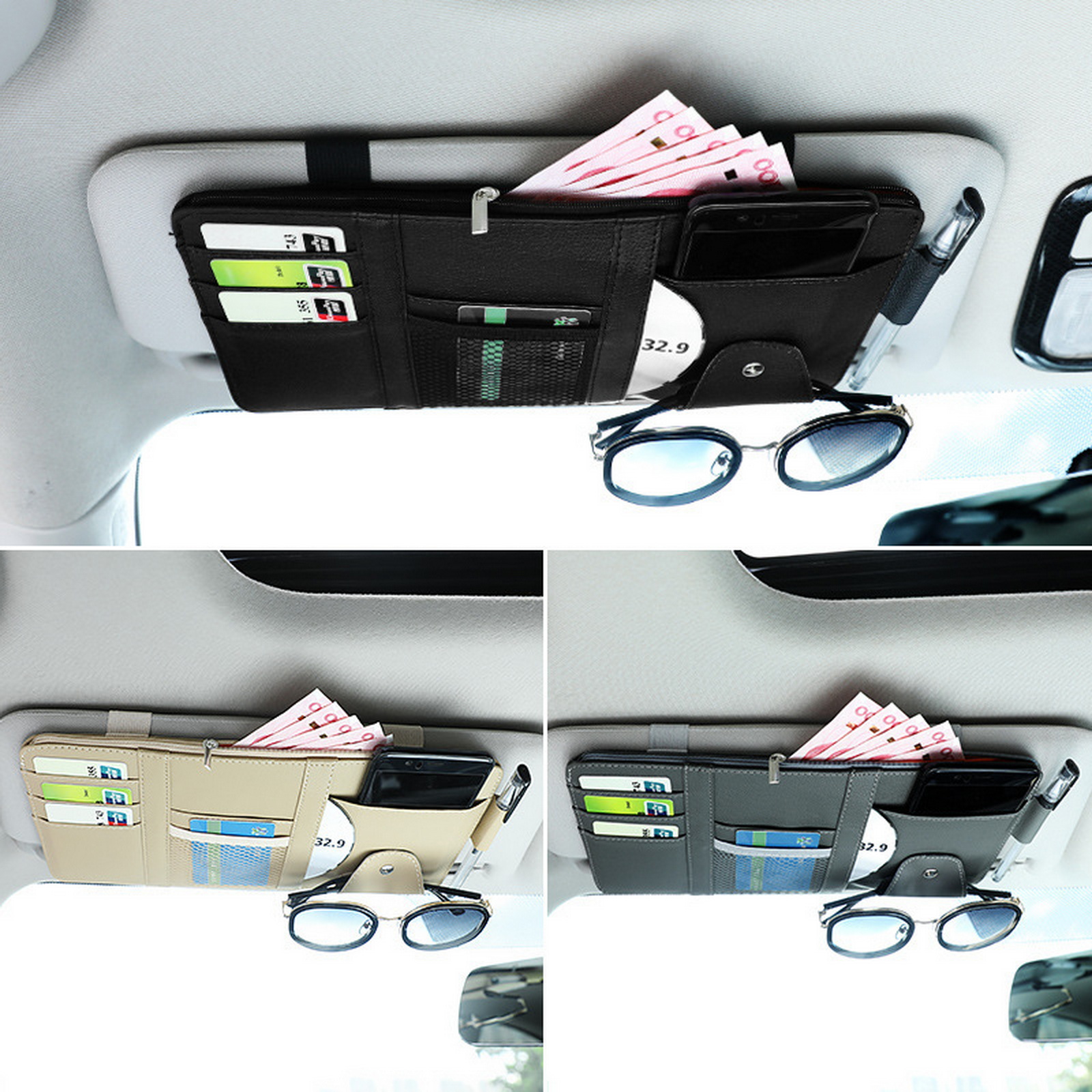 Sun Visor Multi-Pocket Caddy with Zippered
