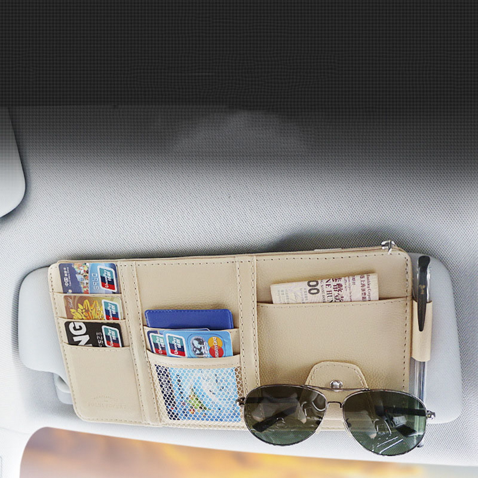 Sun Visor Multi-Pocket Caddy with Zippered